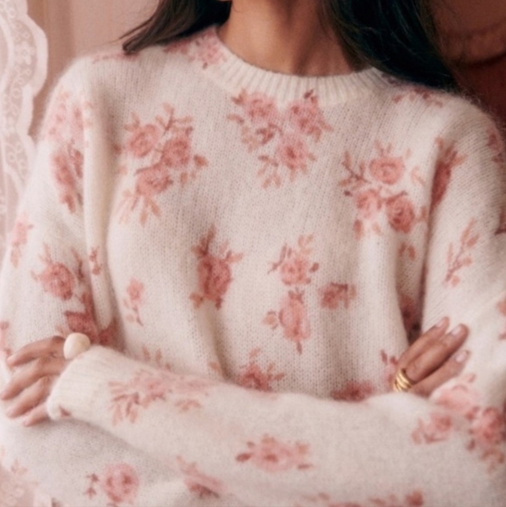 SÉZANE Eloisa Kid Mohair Pink Floral Cream Jumper Like New XXS - Picture 2 of 10